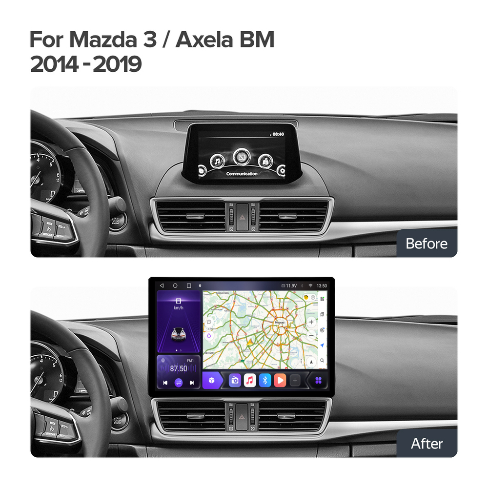 Магнитола для Mazda3 2013-2019, Axela BM  - Carmedia MZD001/KP-13-464-S10 монитор 13" QLED+2K на Android 12, ТОП процессор, 4G SIM-слот, CarPlay, 4+64ГБ