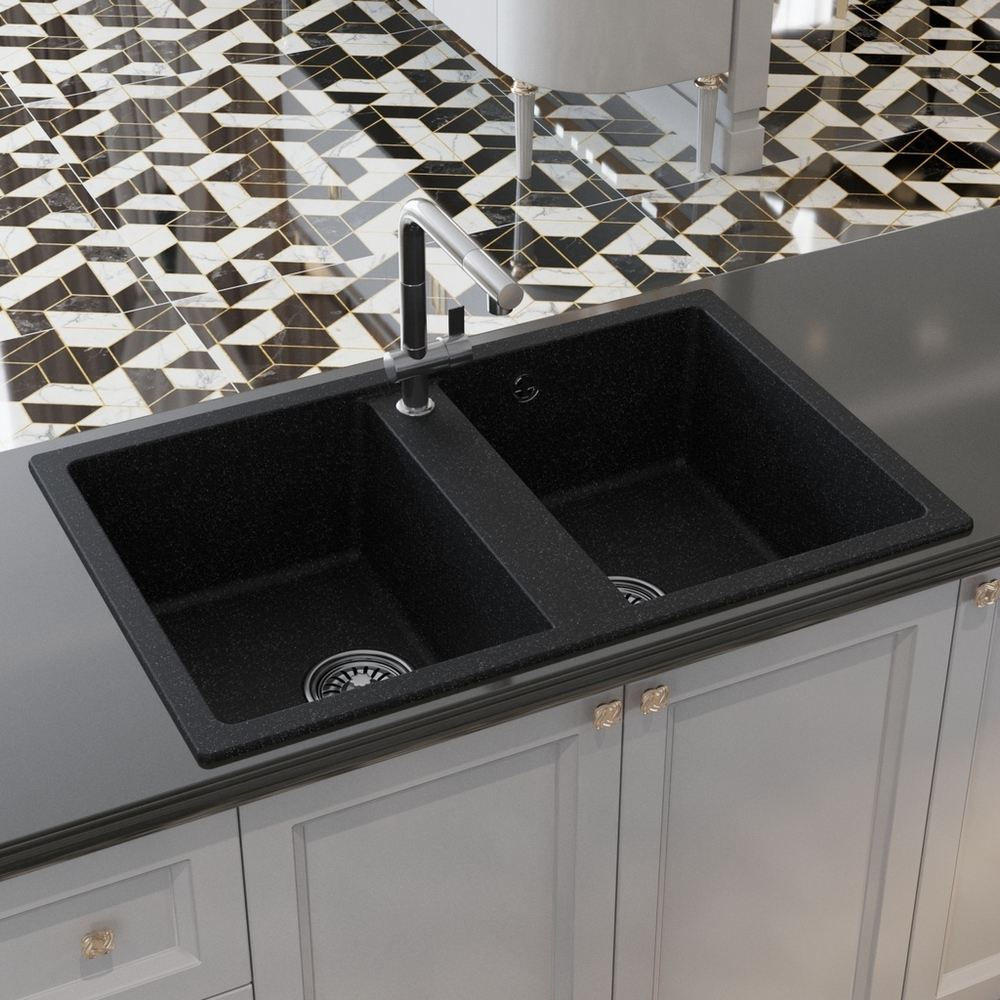 Мойка ML-GM23 КОМФОРТ двухчашевая, черная (308), 770*500*190мм