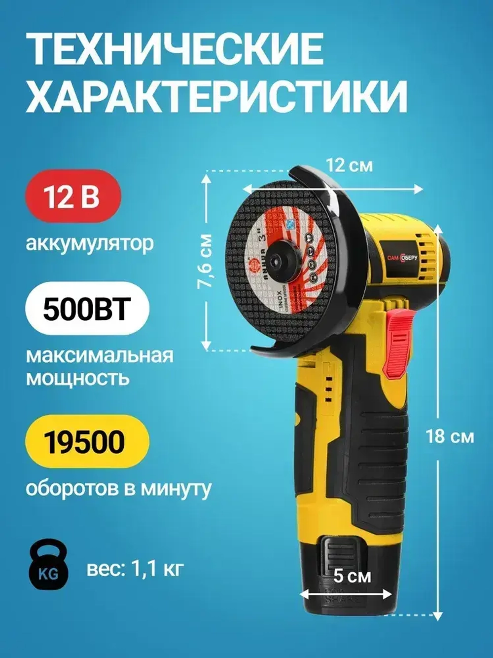 Болгарка УШМ аккумуляторная мини в кейсе с дисками / бесщеточная 19500 об/мин