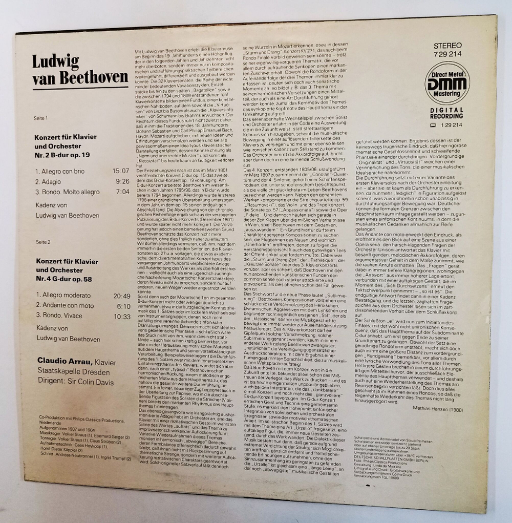 Винтажная виниловая пластинка LP Beethoven Бетховен, Claudio Arrau, Staatskapelle Dresden, Sir Colin Davis Klavierkonzerte Nr. 2 B dur Op. 19 Nr. 4 G dur Op. 58 (ГДР 1989)