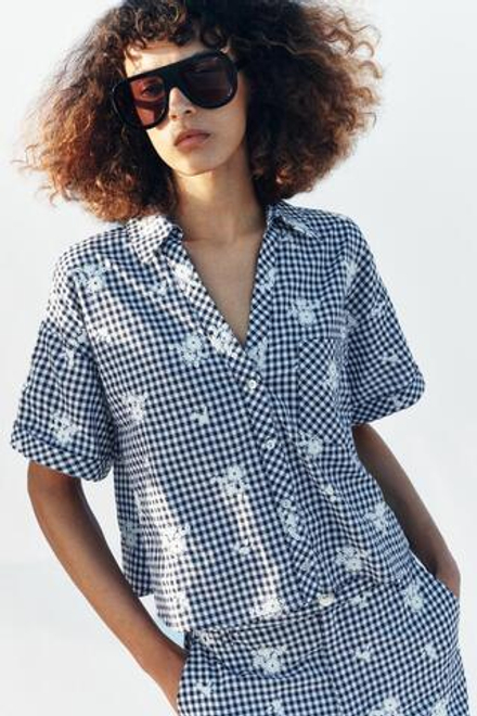 ZARA РУБАШКА В КЛЕТКУ С ВЫШИВКОЙ, ТЕМНО-СИНИЙ/БЕЛЫЙ