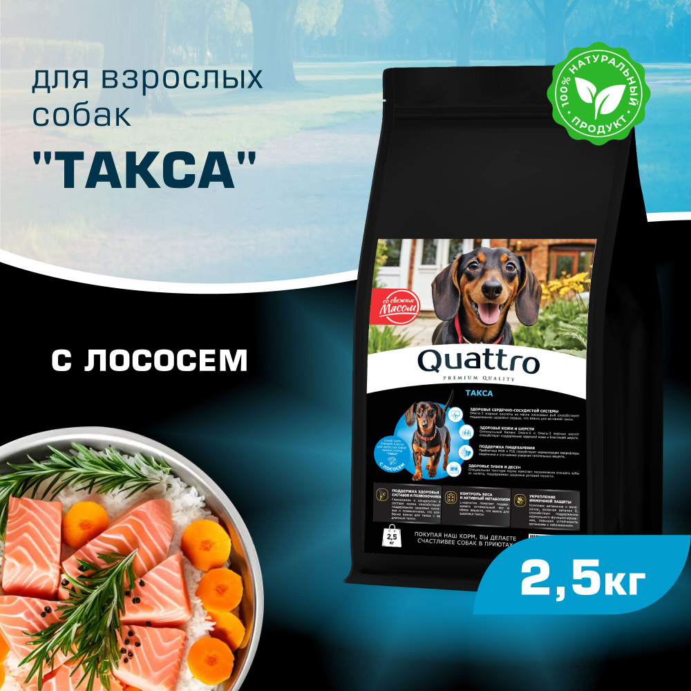 Корм сухой для взрослых собак породы Такса (стандартная), с лососем, 2,5 кг, QUATTRO