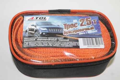 Трос буксир. (2,5 т) лента 2 крюка /4,5 м/ усилен. в сумке (A-TOL)