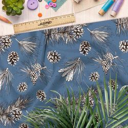 Ткань поплин эскизы шишек и хвойных веток на синем фоне