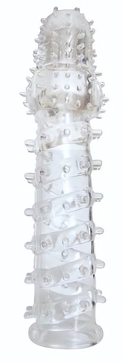 Закрытая прозрачная рельефная насадка с шипиками Crystal sleeve - 13,5 см. (Цвет: прозрачный)