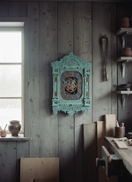 Мятные резные часы-наличник WOODandROOT на стене светлой мастерской, естественный дневной свет подчёркивает узоры и спокойную ремесленную атмосферу.