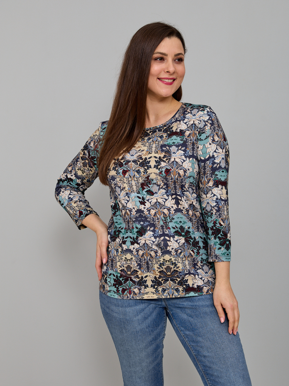 Лонгслив ЛНв-306/бирюза-цветыузор