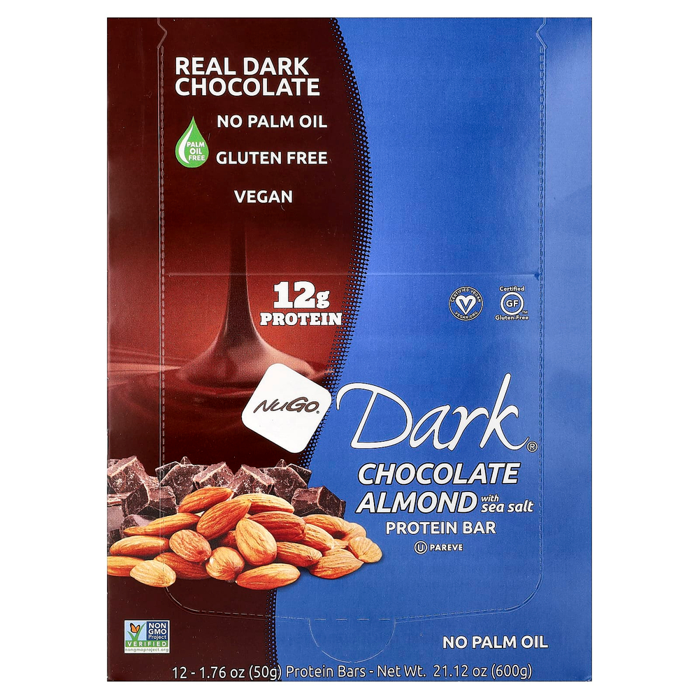 NuGo Nutrition, Dark®, протеиновые батончики, шоколад и миндаль с морской солью, 12 батончиков по 50 г (1,76 унции)