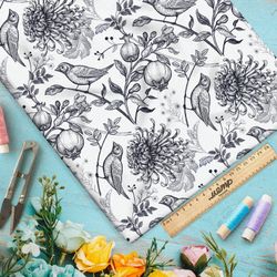 Ткань кулирная гладь эскизные птицы с веткой граната