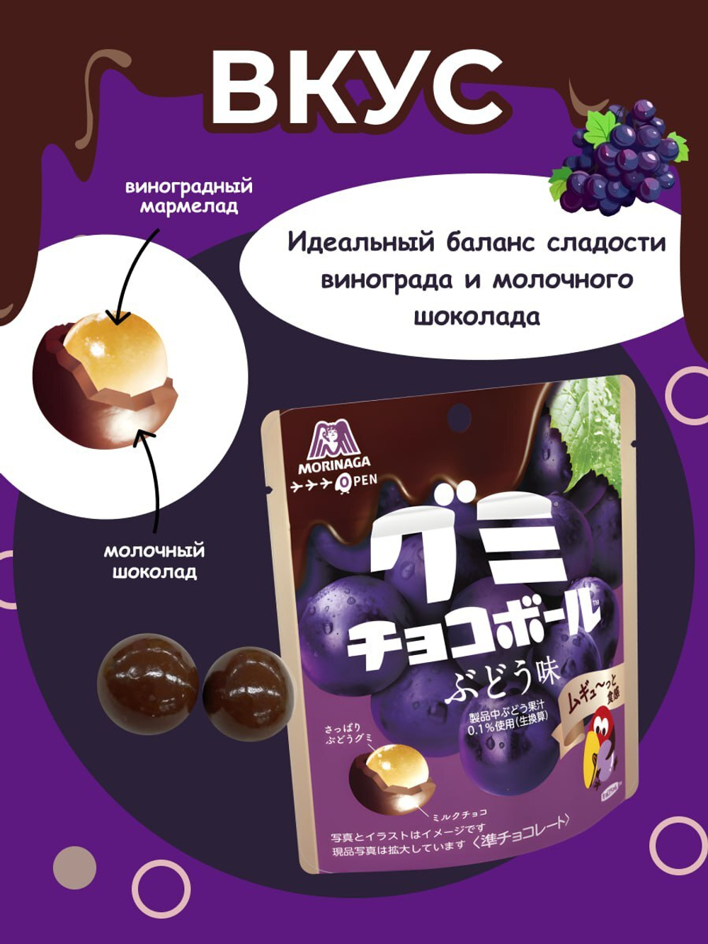 Мармелад в молочном шоколаде со вкусом винограда, Morinaga, 47 г