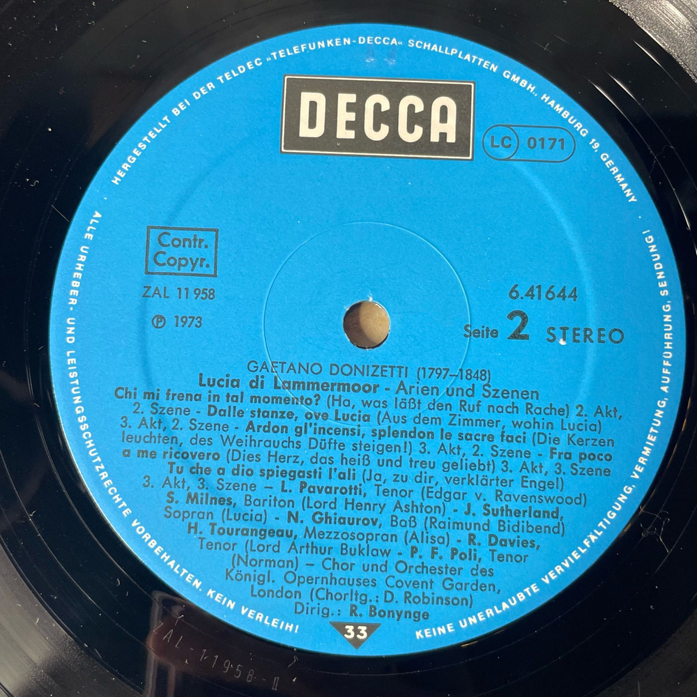 Винтажная виниловая пластинка LP Donizetti, Sutherland, Pavarotti, Orchestra Of The Royal Opera House, Опера Лючия ди Ламмермур Lucia Di Lammermoor (Arien Und Szenen) (Германия 1976)