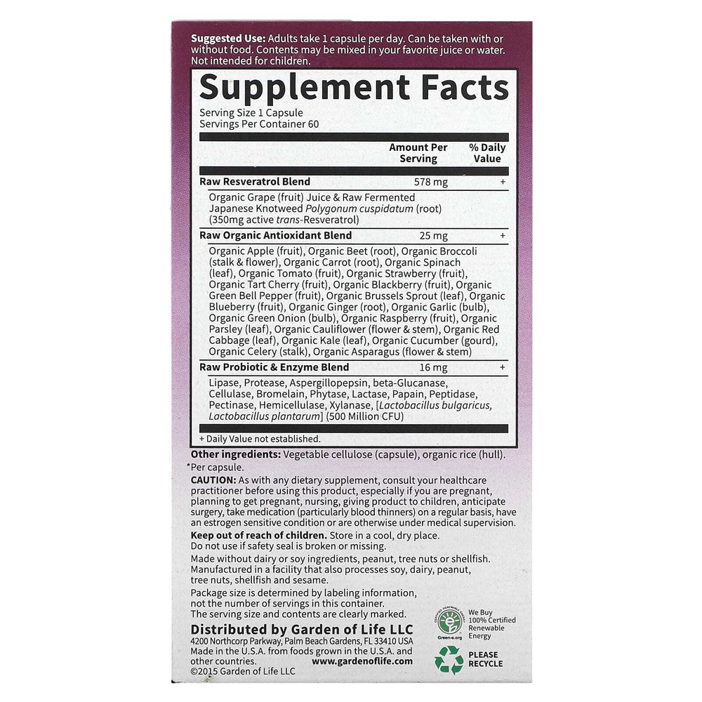 Garden of Life, RAW Resveratrol, 350 мг, 60 веганских капсул
