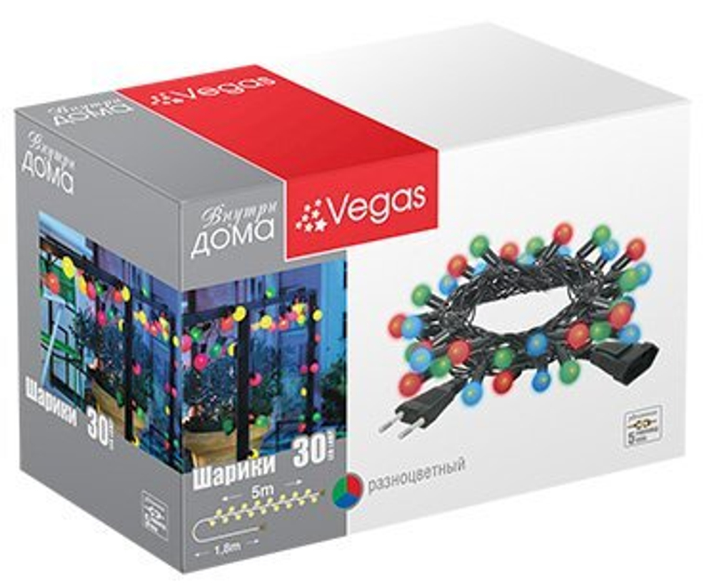 Электрогирлянда VEGAS "Шарики", 30 разноцветных мигающих LED ламп, зеленый провод, 5 метров, соединяемая