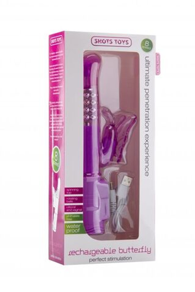 Фиолетовый перезаряжаемый вибратор Rechargeable Butterfly с клиторальной бабочкой - 22,8 см. (Цвет: фиолетовый)