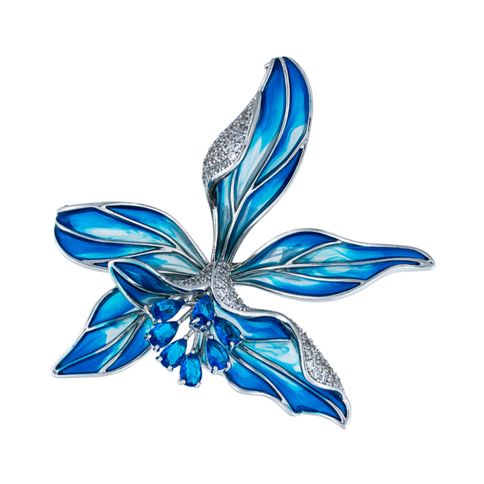 Брошь Fiore Luna Ирис циркон + эмаль с ручной росписью XR12394A4 BL/S