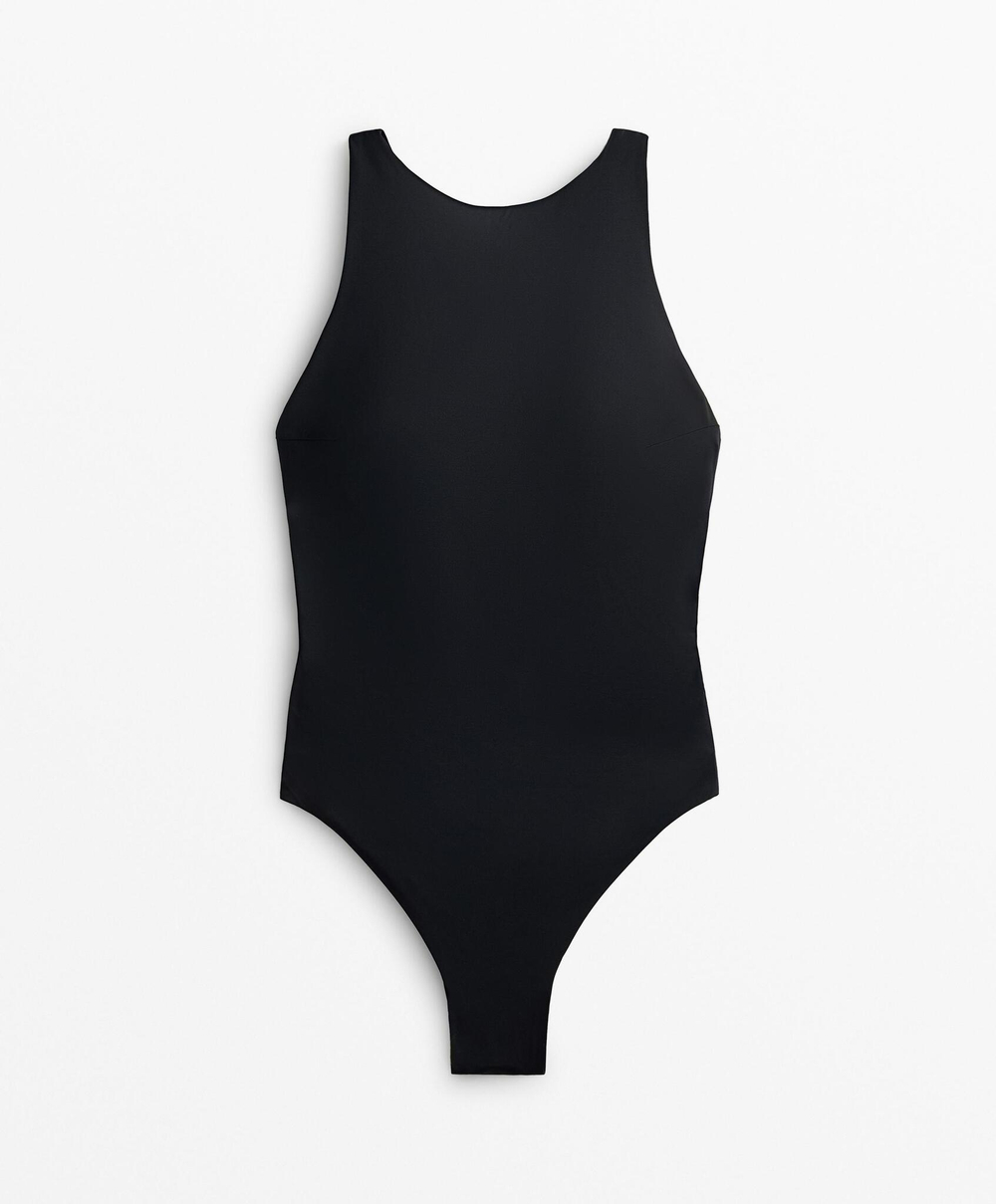 OYSHO Купальник с вырезом халтер и перекрестными бретелями сзади, черный