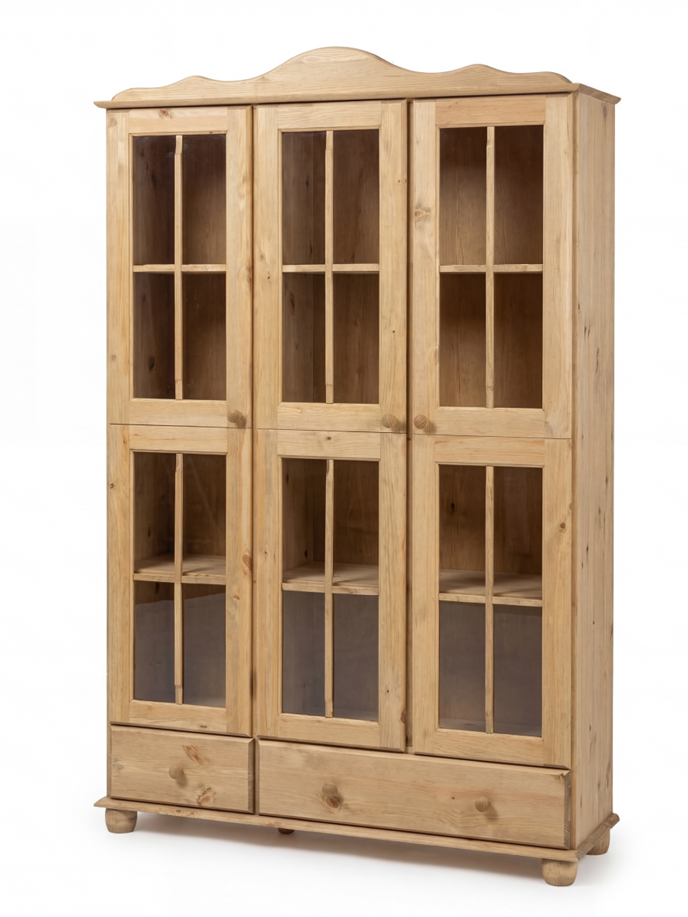 Шкаф витрина, 113х32х186, Бритта, буфет для кухни, трехдверный, бейц, стеклянный, с полками, из массива дерева, Dipriz