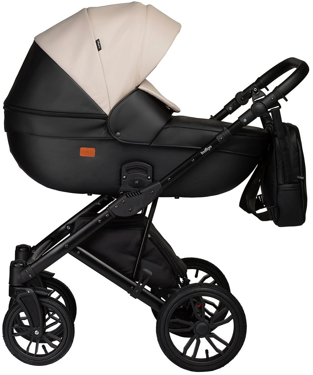 Детская коляска Indigo Mio Eco 3 в 1 с автокреслом Avionaut Cosmo Grey 04 черная кожа+св.бежевая кожа