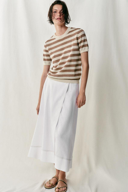 ZARA ТРИКОТАЖНЫЙ ТОП С КОРОТКИМИ РУКАВАМИ, ЭКРЮ/КОРИЧНЕВЫЙ