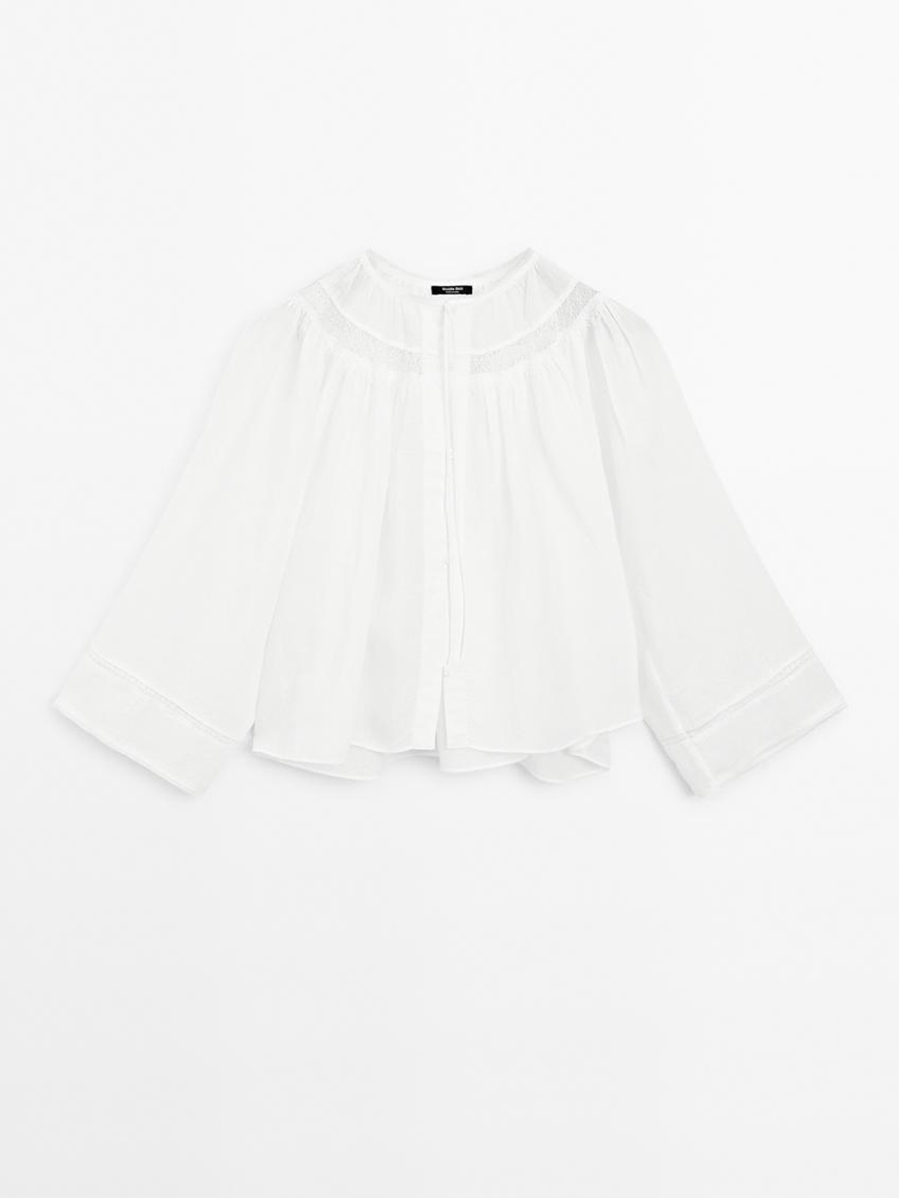 Massimo Dutti Блуза из струящейся ткани с отделкой кружевом, белый