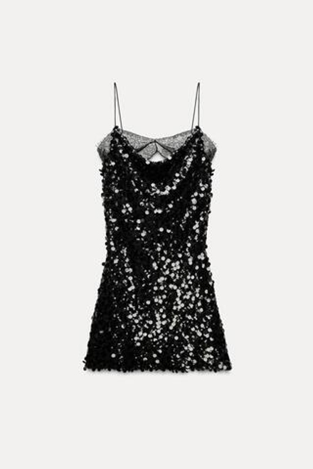 ZARA КРУЖЕВНОЕ МИНИ-ПЛАТЬЕ С ПАЙЕТКАМИ, ЧЕРНЫЙ