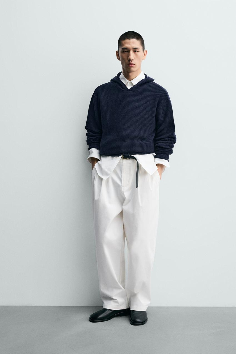 ZARA СВИТЕР ИЗ ХЛОПКА И ШЕРСТИ С КАПЮШОНОМ, МОРСКОЙ СИНИЙ