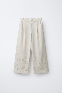 ZARA ШИРОКИЕ БРЮКИ С ВЫШИВКОЙ БИСЕРОМ, СВЕТЛО-БЕЖЕВЫЙ