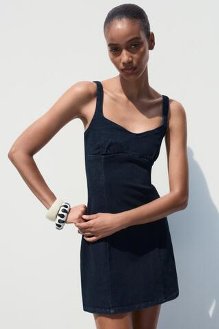 ZARA ДЖИНСОВОЕ МИНИ-ПЛАТЬЕ Z1975 НА БРЕТЕЛЯХ — ZW COLLECTION, СИНИЙ