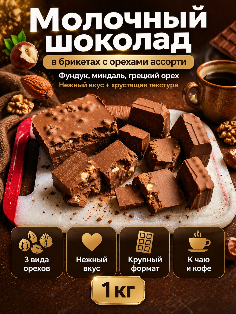 Шоколад молочный в брикетах с орехами ассорти, фундук, миндаль, грецкий орех