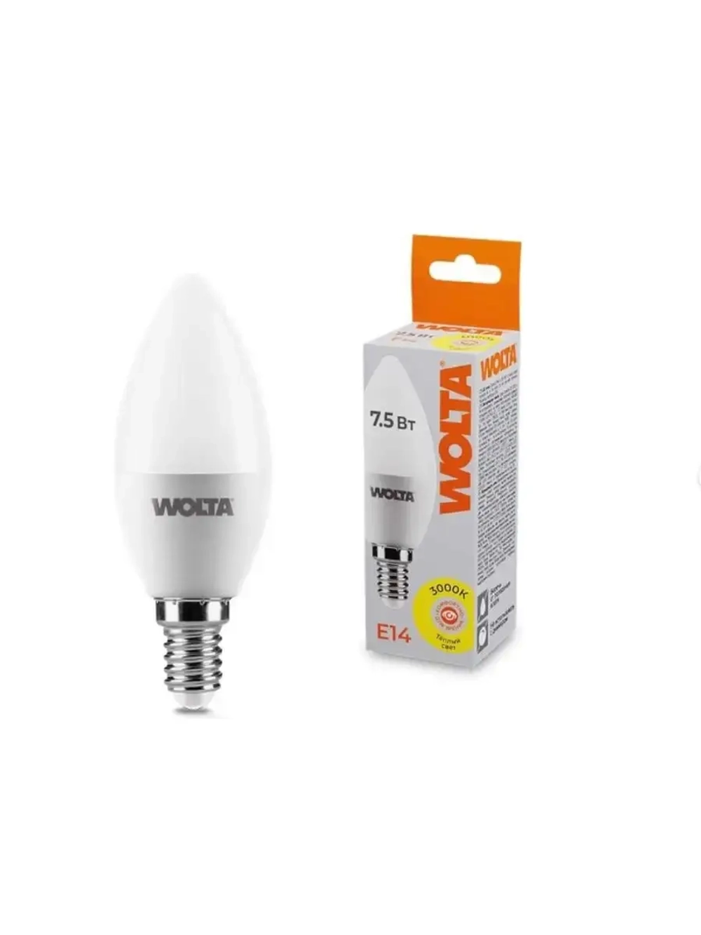 Лампа LED 7.5W E14 3000K свеча Wolta (4шт) 25YC7.5E14