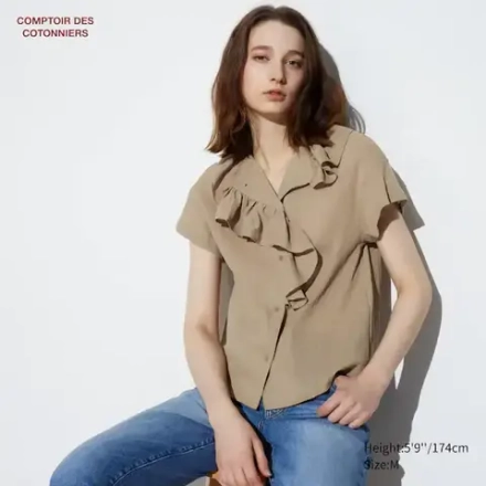 UNIQLO ХЛОПЧАТОБУМАЖНАЯ ПРОЗРАЧНАЯ РУБАШКА С КОРОТКИМИ РУКАВАМИ В СКЛАДКУ, ХАКИ