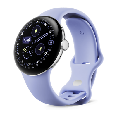 Умные часы Google Pixel Watch 4, 41 мм, Wi-Fi + LTE, ремешок цвета «голубой ирис» Полированный серебристый корпус из переработанного алюминия, ремешок из фторэластомера с покрытием «софт-тач» и застёжкой pin-and-tuck — на запястье обхватом 130–210 мм