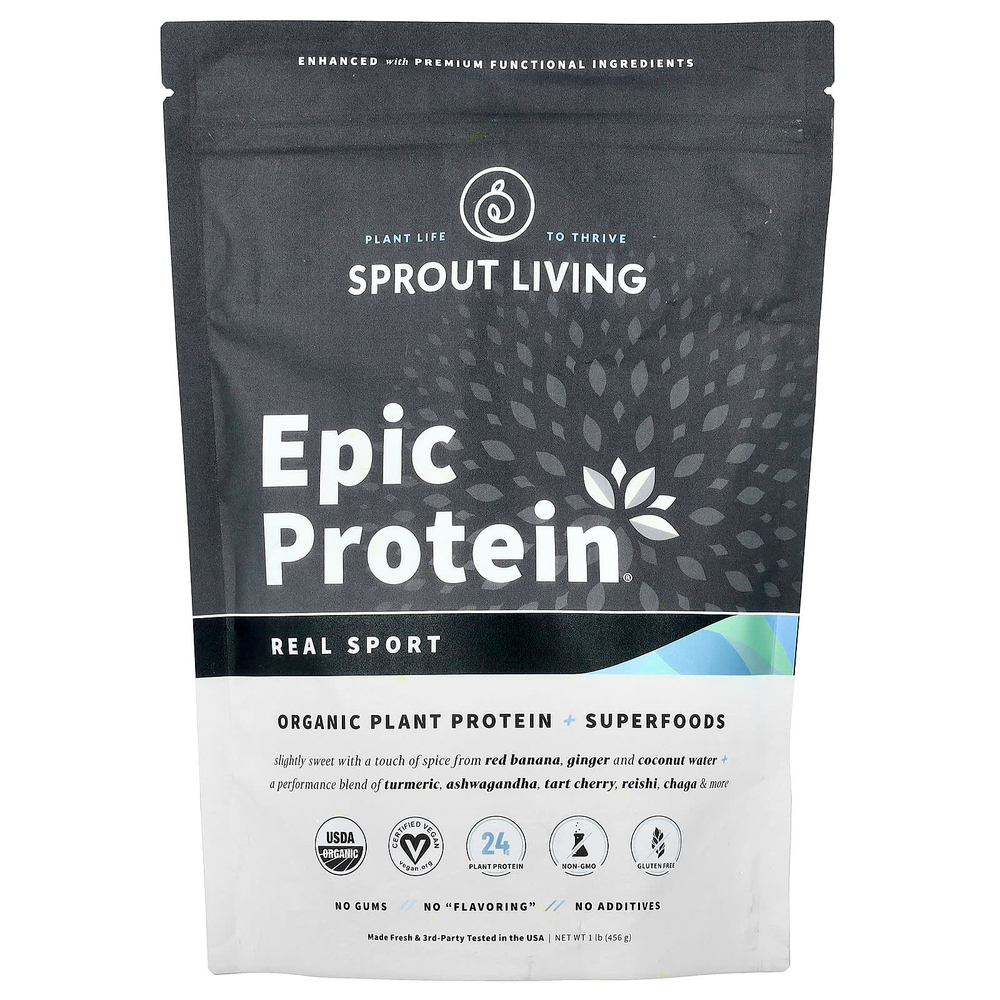 Sprout Living, Epic Protein, органический растительный протеин и суперпродукты, Real Sport, 494 г (1,1 фунта)