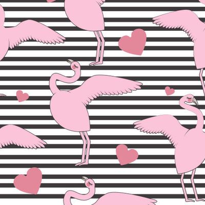 Розовые фламинго и сердца узор на черных линиях