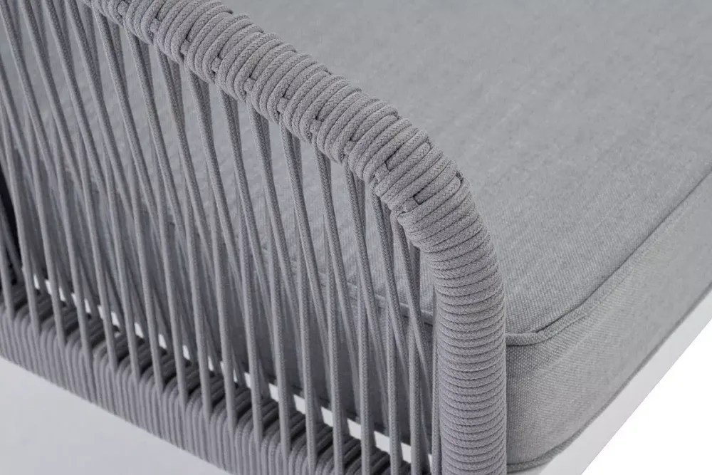 "Канны" диван модульный плетеный из роупа, каркас алюминий белый, роуп светло-серый круглый, ткань светло-серая