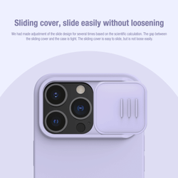 Чехол фиолетового цвета (Misty Purple) с шелковистым покрытием от Nillkin для iPhone 14 Pro Max, серия CamShield Silky Magnetic Silicone Case (поддержка беспроводной зарядки MagSafe)
