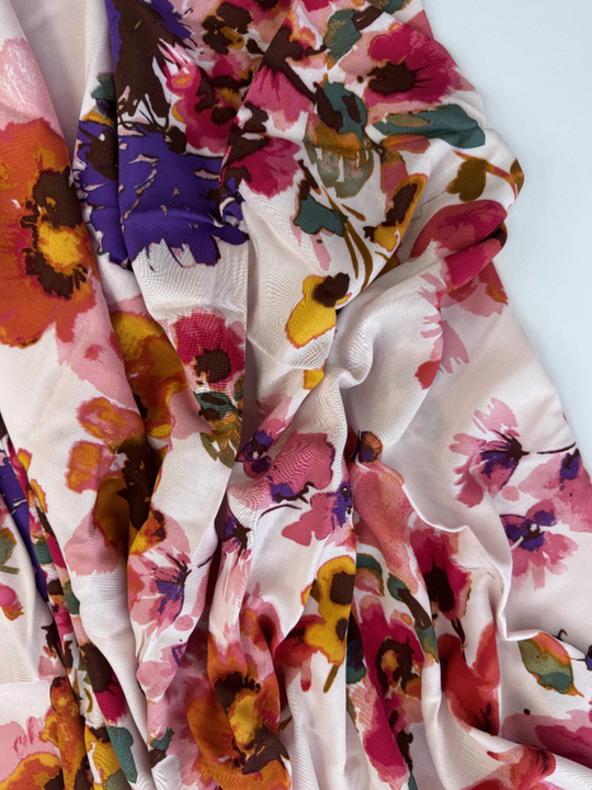 штапель принт цветы крупные оранж/фиолет/коричневый на розовом D27C1