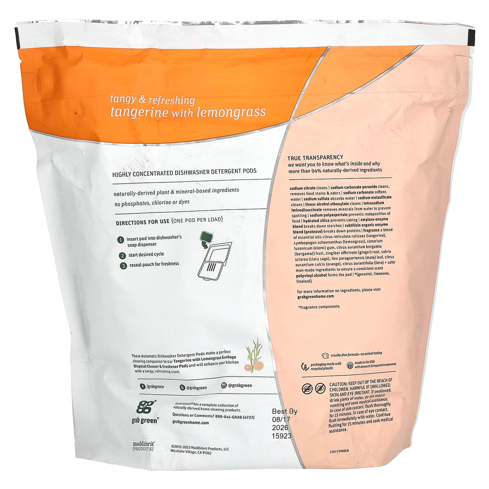 Grab Green, Капсулы со средством для автоматического мытья посуды, мандарин с лемонграссом, 2376 г (5 фунтов 4 унции)