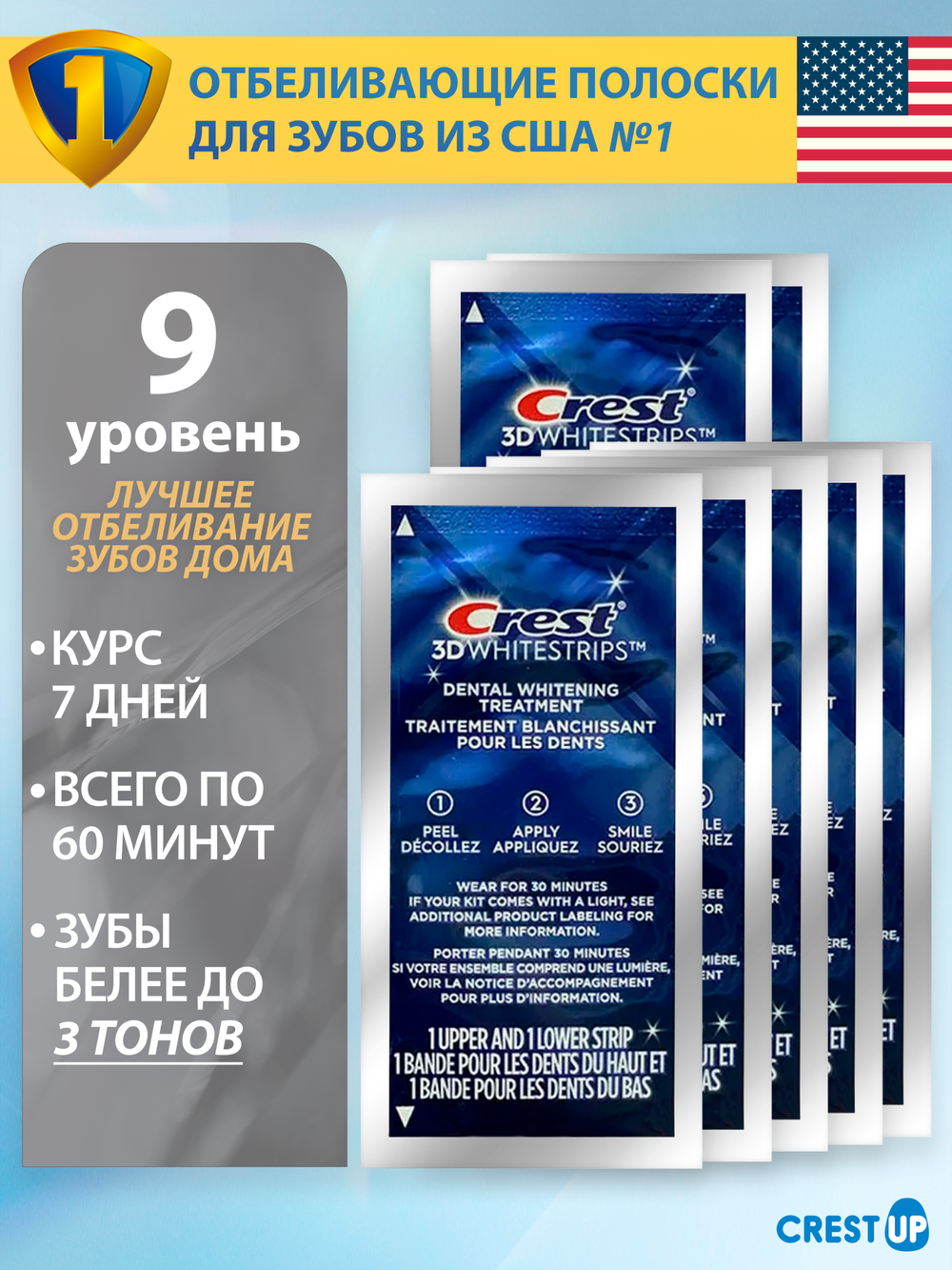 Отбеливающие полоски для зубов Crest 3D Whitestrips Supreme Bright 7 пакетиков 1/3 курса