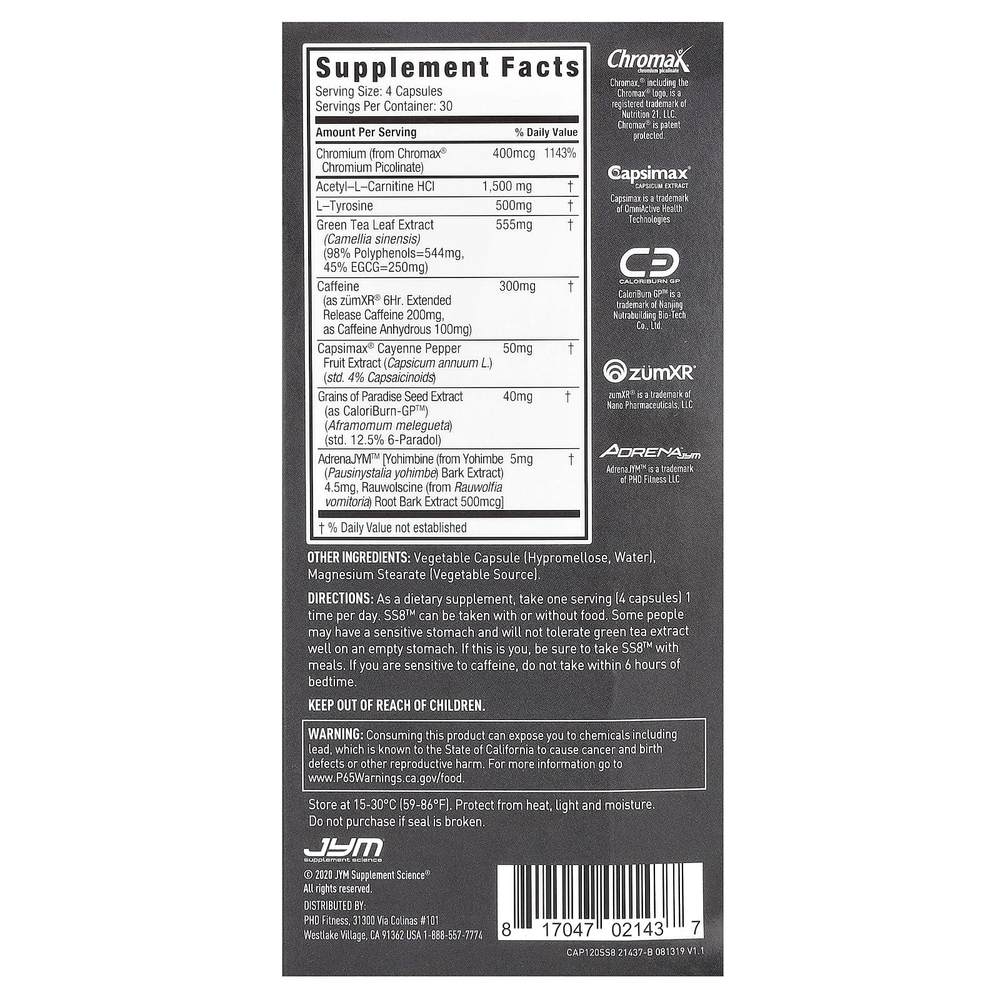 JYM Supplement Science, SS8 Advanced Fat Burner, улучшенный сжигатель жира, 120 вегетарианских капсул