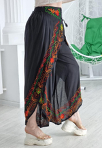 Брюки-юбка цветочный узор с завязками на поясе цвет черный