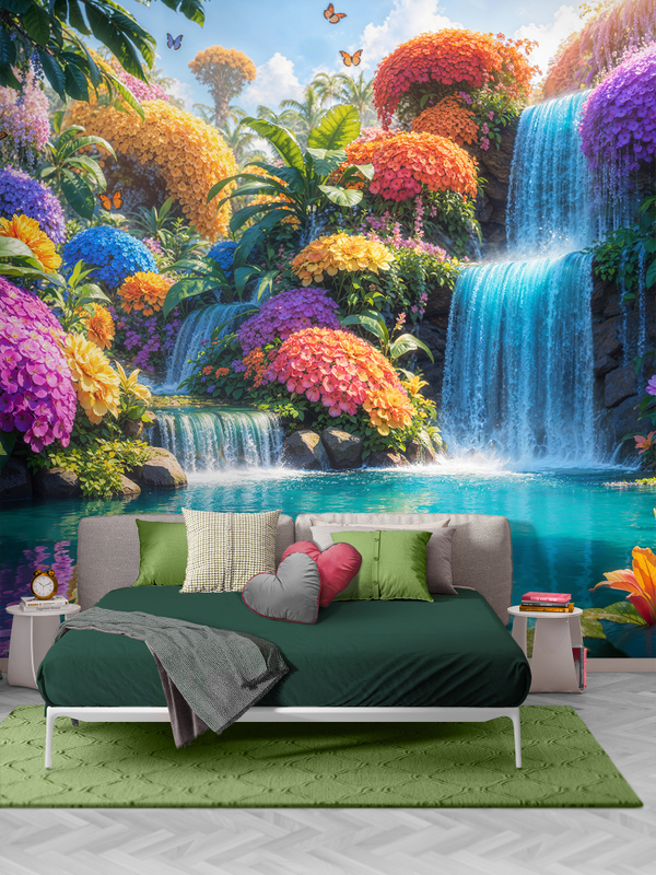 Фотообои Яркие цветы и голубые водопады