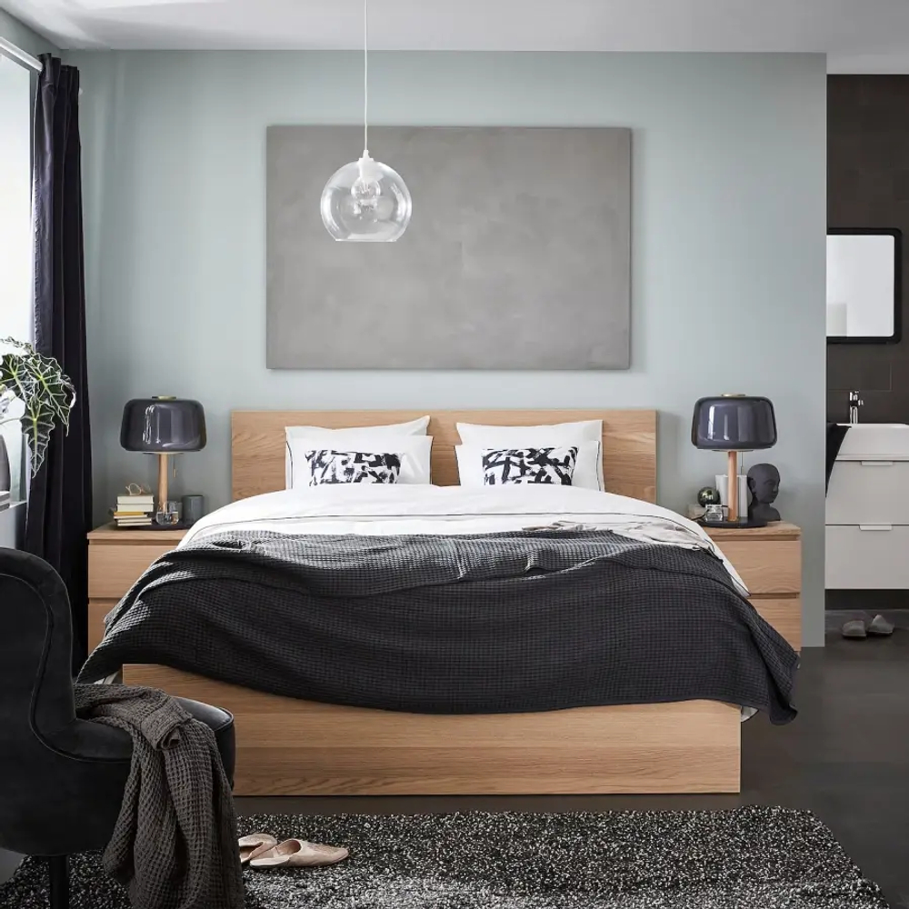 Кровать - IKEA MALM, 200х180 см, матрас средне-жесткий, под беленый дуб, МАЛЬМ ИКЕА