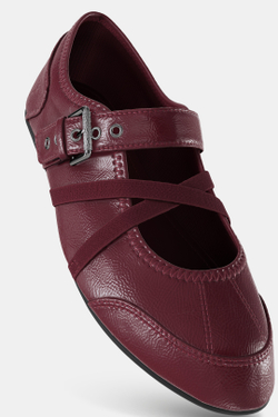 ZARA БАЛЕТКИ ИЗ ЛАКИРОВАННОЙ ИСКУССТВЕННОЙ КОЖИ С ПРЯЖКАМИ, БУРГУНДИ