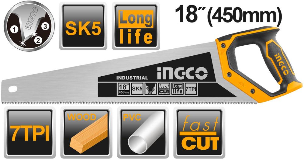 Ножовка по дереву 450 мм INGCO HHAS28450 INDUSTRIAL