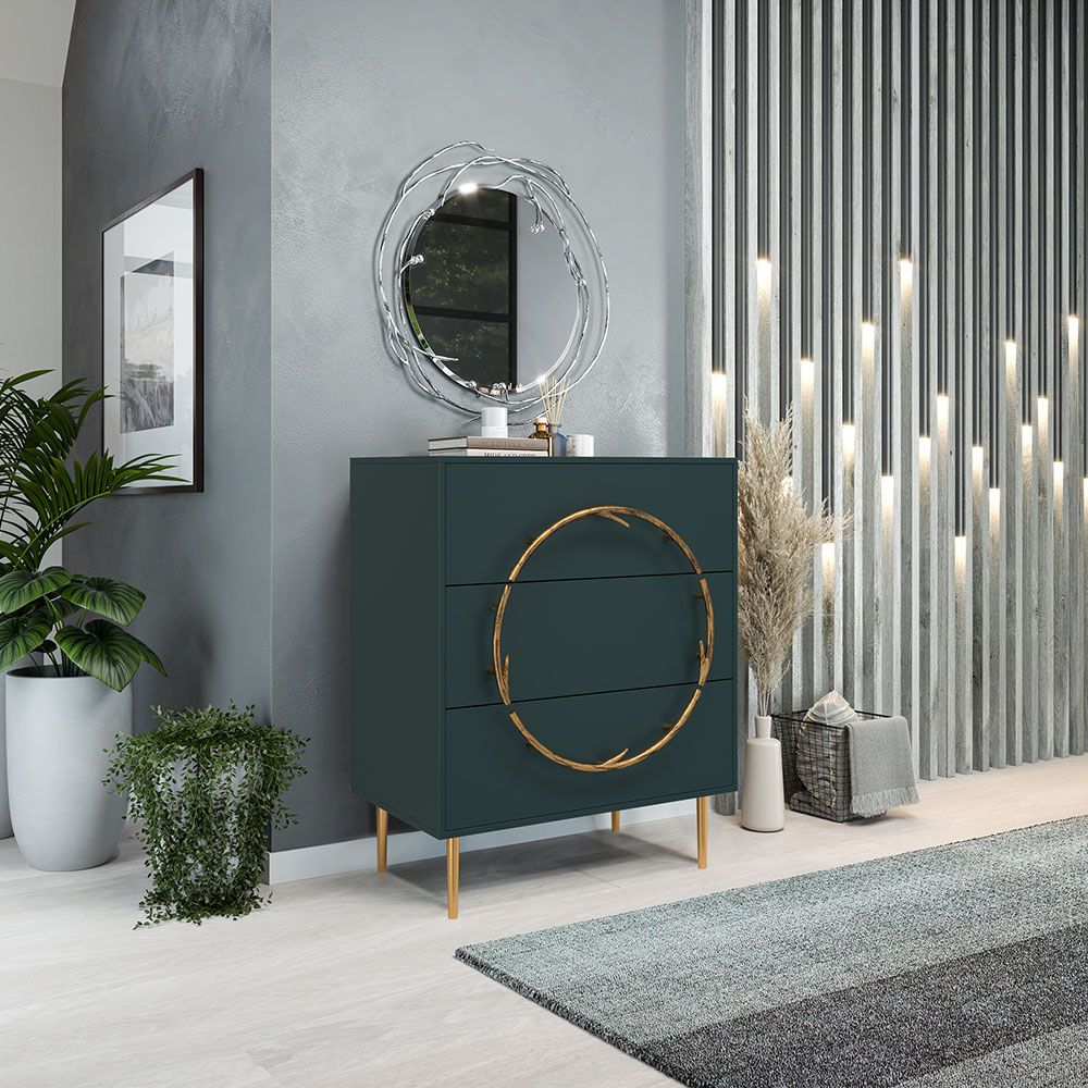 Комод Арт Колор matte Стайл Голд с 3 ящиками Зеленый бирюзовый матовый