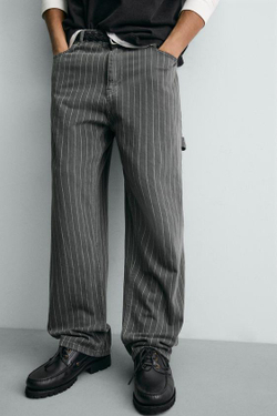 ZARA БРЮКИ BAGGY FIT В ТОНКУЮ ПОЛОСКУ, СЕРЫЙ/СИНИЙ