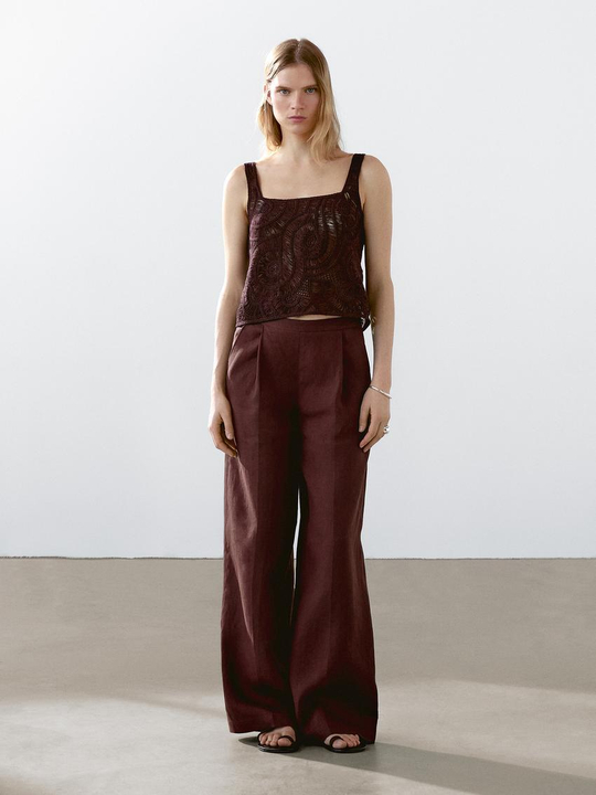 Massimo Dutti Брюки из 100% льна с защипами, бордово-красный