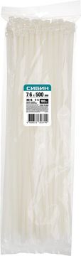СИБИН ХС-Б, 7.6 x 500 мм, нейлон РА66, 100 шт, белые, хомуты-стяжки (3786-76-500)