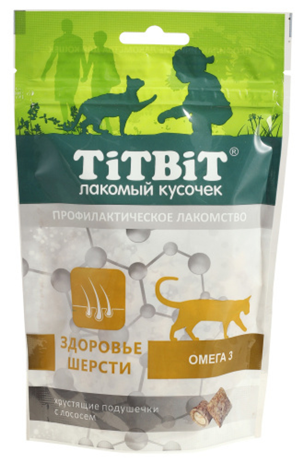 TITBIT Лакомство для кошек Хрустящие подушечки Здоровье шерсти с лососем, 60 г